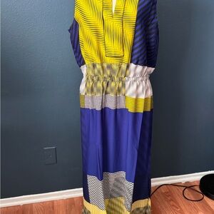 Joan Vass Yellow and Blue Geometric Maxi Dress